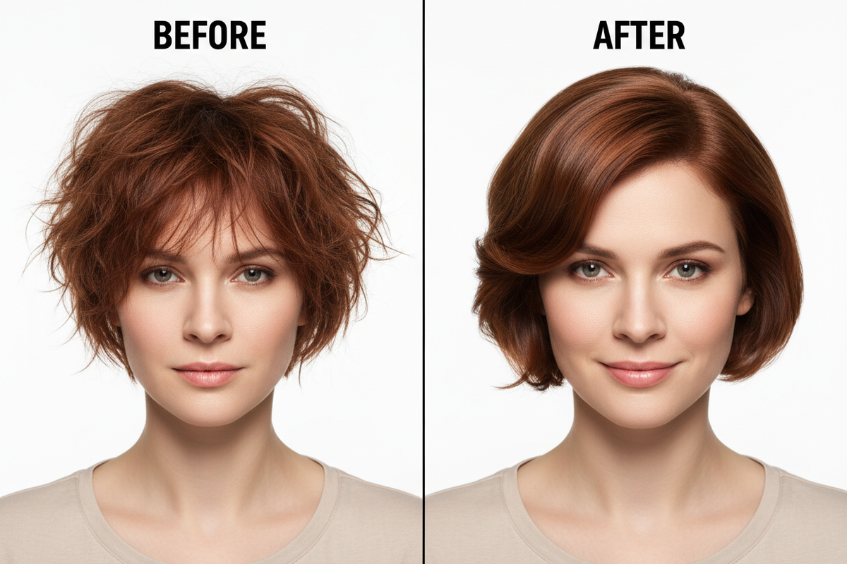 it must be the same person on left and right side but left text: before and right text: after